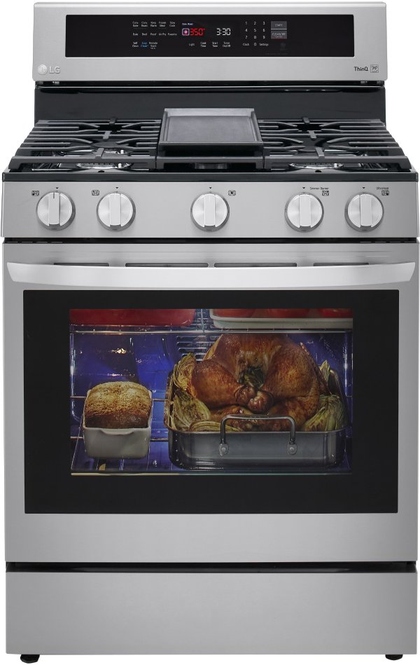 LG LRGL5825F 30 Inch Gas Smart Range with 5 Sealed Burners, 5.8 Cu. Ft. Oven Capacity, Storage Drawer, Air Fry, Self Clean & EasyClean®, InstaView™, Wi-Fi, ThinQ®, Proactive Customer Care, Griddle, SuperBoil™, UltraHeat™, and Sabbath Mode: PrintProof™ Stainless Steel