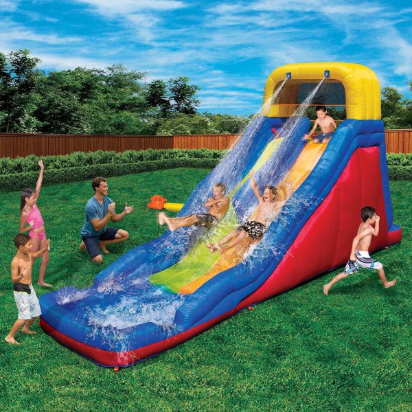 Double Drop Raceway Large Inflatable Water Park Play Center - Dual Racing Water Slides & Climbing Wall - Outdoor Summer Fun For Kids & Families