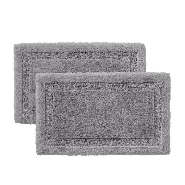 Stone Gray 17 in. x 25 in. Non-Skid Cotton Bath Rug with Border (Set of 2)