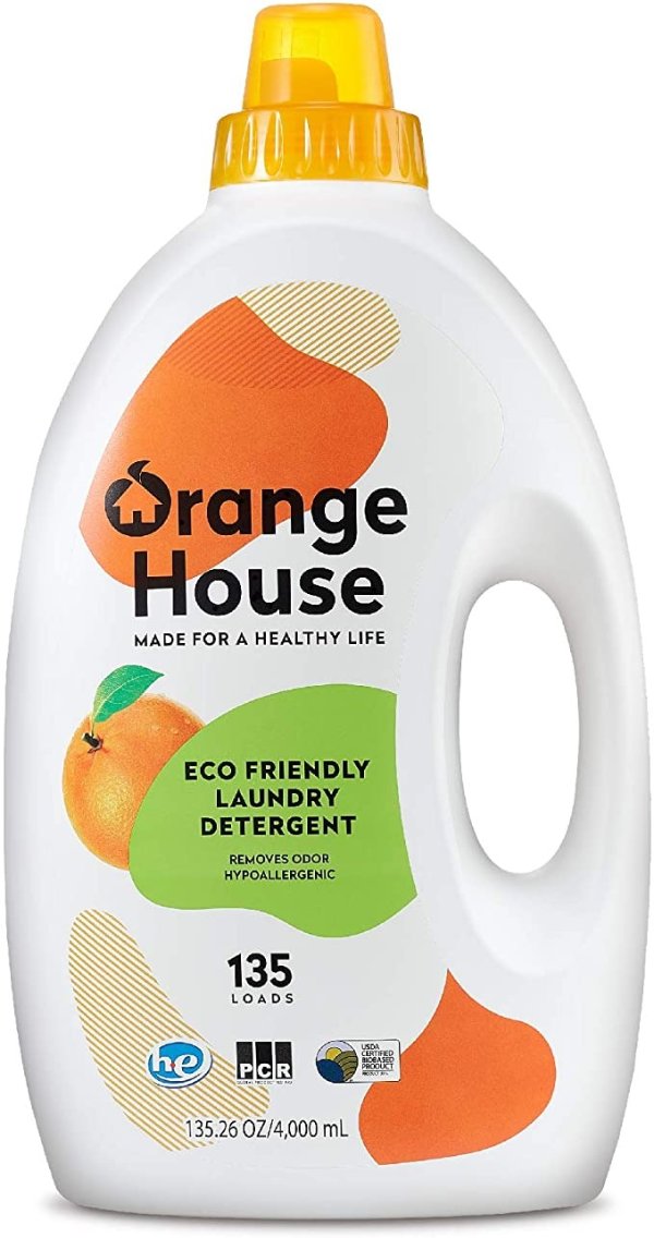 Liquid Laundry Detergent, Free and Clear, Natural Food-Grade Orange Oil, High Efficiency & Standard Machine, 135.3 Fl Oz (135 Load)