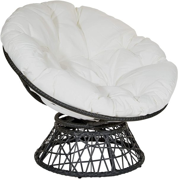 Home Furnishings Wicker Papasan Chair with 360-Degree Swivel, Grey Frame with White Cushion