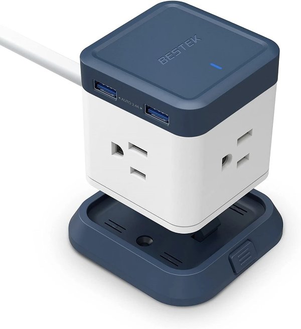 BESTEK Compact Power Strip Travel Cube 3-Outlet and 4 USB Charging Station with Mountable Detachable Base, 5 Feet Extension Cord, Flat Plug,1875W