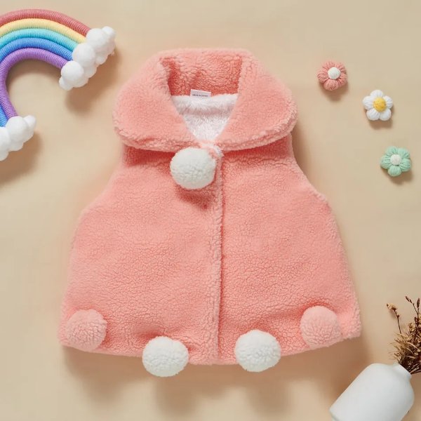 Baby Pink Pom Poms Sleeveless Fleece Coat Vest