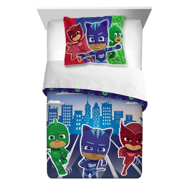 PJ Masks Kids Comforter and Sham, 2-Piece Set, Twin/Full, Reversible, Blue, Hasbro