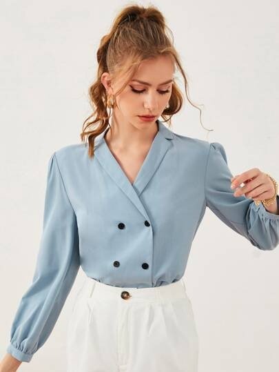 Double Breasted Puff Sleeve Blouse