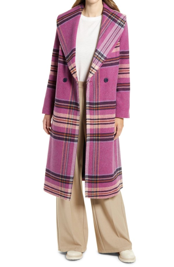 Plaid Shawl Collar Double Breasted Coat