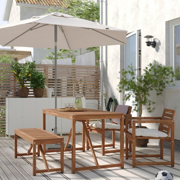 NAMMARO Table, 2 chairs and bench, outdoor, light brown stained/Kuddarna beige - IKEA