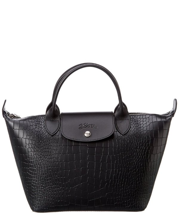 Le Pliage Cuir Small Croc-Embossed Leather Short Handle Tote