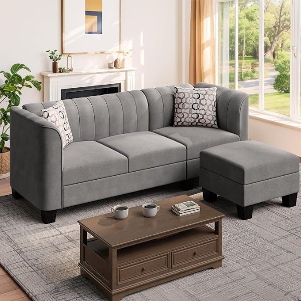 Upgraded Convertible Sectional Sofa Couch, 3 Seat L Shaped Sofa with High Armrest Linen Fabric Small Couch Mid Century for Living Room, Apartment and Office (Light Grey)