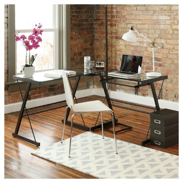 Glass L Shaped Computer Desk with Keyboard Tray - Saracina Home
