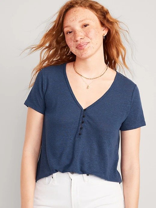 Linen-Blend V-Neck Henley T-Shirt for Women