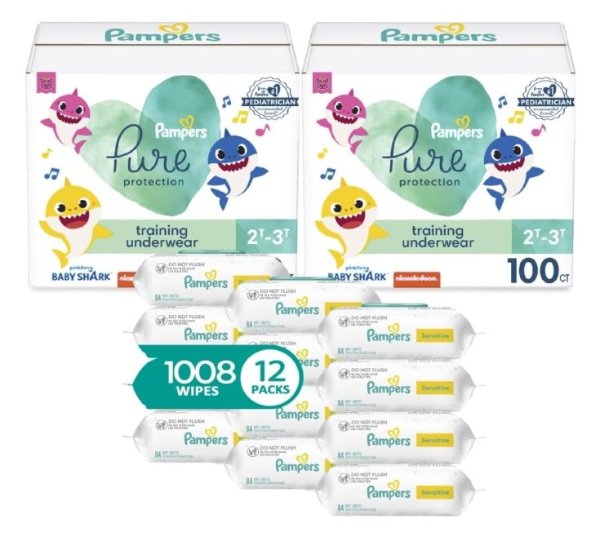 PAMP Pure Pants 2T3T (2 x 100 Count) with Sensitive Water Based Baby Wipes, 12X Pop-Top Packs (1008 Count)