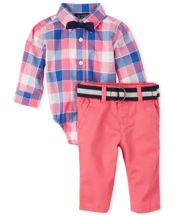 Baby Boys Dad And Me Long Sleeve Plaid Poplin Button Down Bodysuit Woven Chino Pants Bow Tie And Suspenders Matching Outfit Set