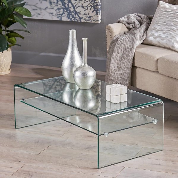 Salim 12mm Tempered Glass Coffee Table, Clear, 39.5 in x 21.7 in x 14 in