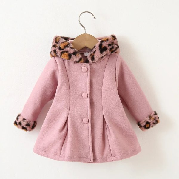 Abrigo de mezcla de lana con capucha y leopardo de manga larga rojo bebe