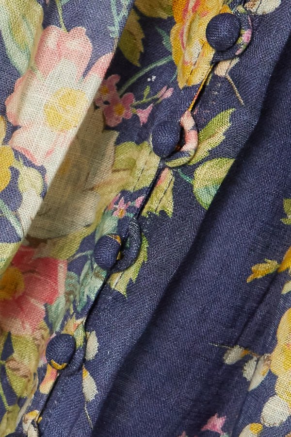 Zinnia shirred floral-print linen midi dress