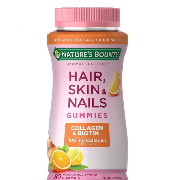 Optimal Solutions Hair, Skin & Nails with Biotin and Collagen, Citrus-Flavored Gummies 2500 mcg, 80 Count