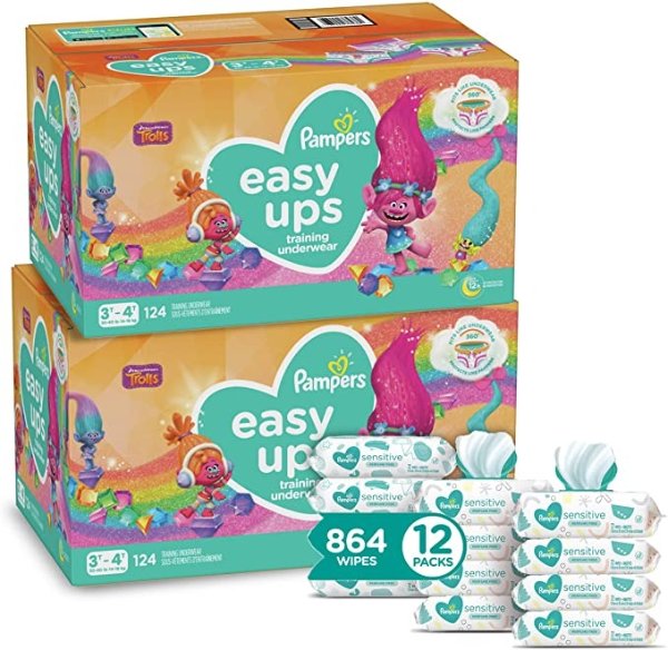 Easy Ups Pull On Training Pants Girls and Boys, 3T-4T (Size 5), 2 Month Supply (2 x 124 Count) with Sensitive Water Based Baby Wipes, 12X Pop-Top Packs (864 Count)