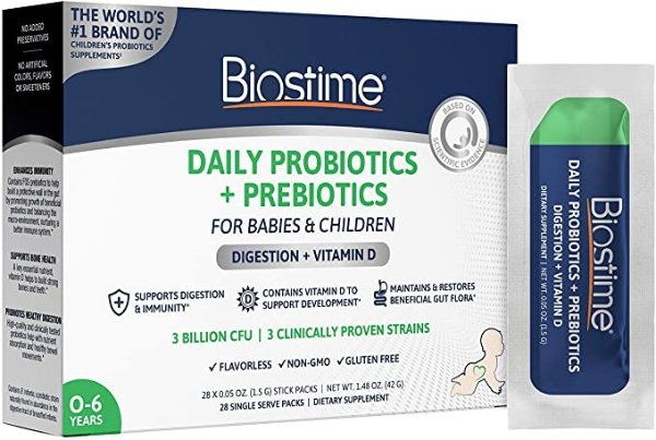 Biostime Powder Probiotics + Prebiotics with Vitamin D for Babies, Infants & Children | 0 Months to 6 Years | Daily Supplement Supports Digestion, Bone Health & Immunity | 28 Single Stick Packs