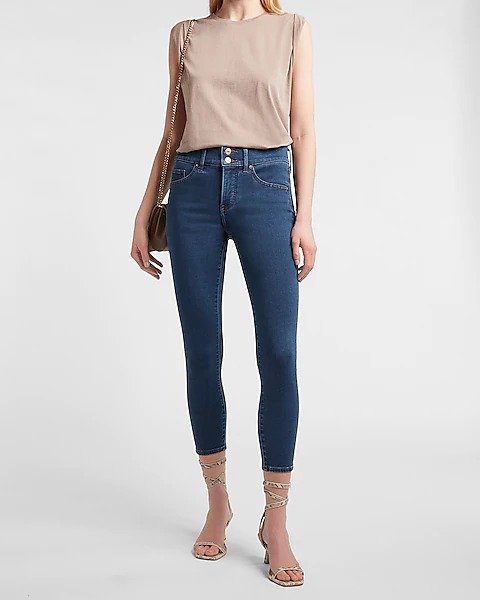 Mid Rise Knit Double Button Cropped Skinny Jeans