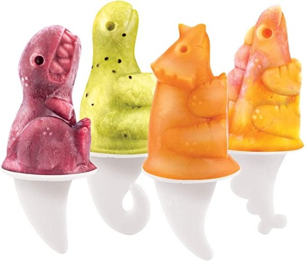 Dino Ice Pop Molds, Flexible Silicone, Easily-Removable, Dishwasher Safe, Set of 4 Popsicle Makers with Sticks