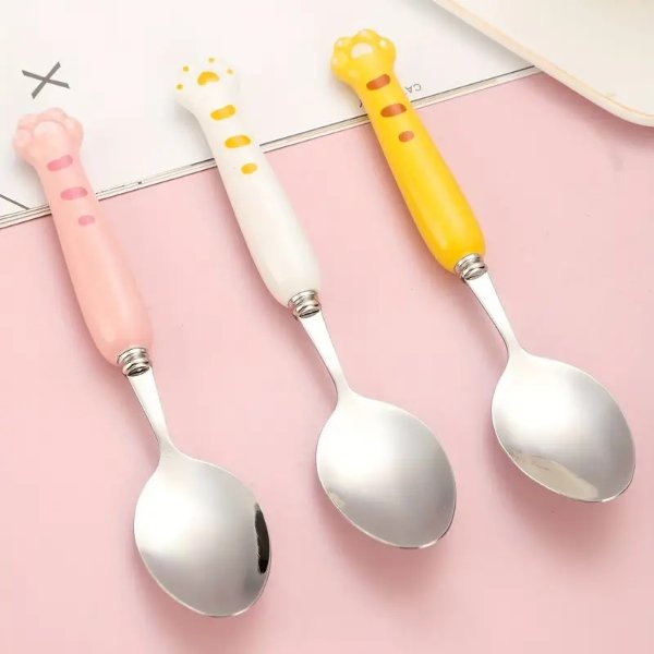Cute Cat Claw Portable Travel Stainless Steel Dessert Cake Fruit Ceramic Spoon Coffee Teaspoons Kitchen Accessories Tableware | Shop The Latest Trends | Temu