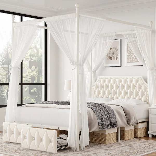 Artevious Upholstered Metal Canopy Storage Bed