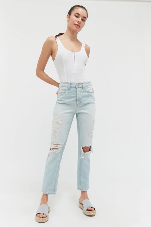 High-Waisted Slim Straight Jean – Destroyed Light Wash