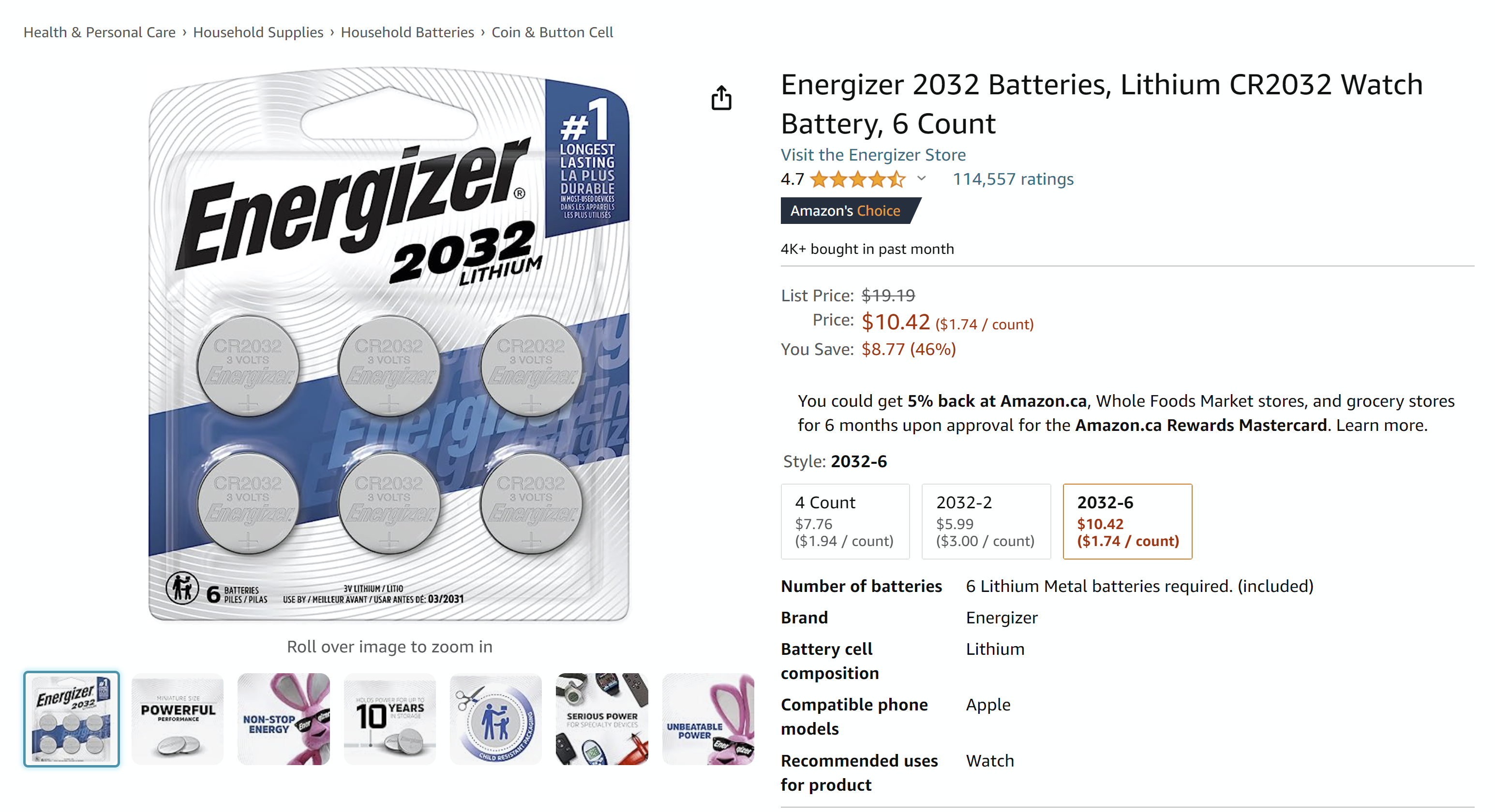 Energizer 2032 Batteries, Lithium CR2032 Watch Battery, 6 Count : Amazon.ca: Health &amp; Personal Care