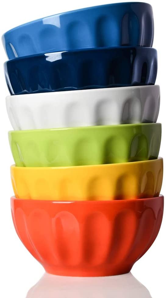 SWEEJAR Ceramic Fluted Bowl Set, 26 oz for Cereal, Salad, Pasta, Soup, Dishwasher Microwave Safe - set of 6(Multi)