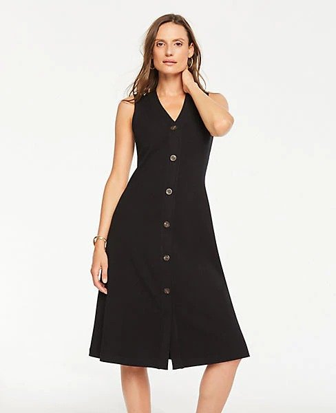 Button Front Ribbed Knit Flare Dress | Ann Taylor