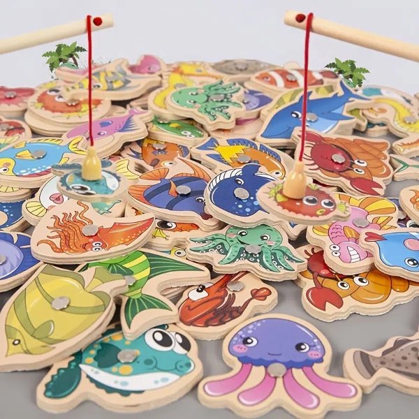 Wooden Magnetic Fishing Toys For Baby, Cartoon Marine Life Cognition Fish Games Education Parent-child Interactive - Toys & Games - Temu