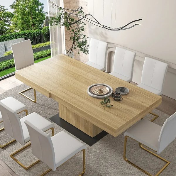 71"-87" Extendable Dining Table with Storage Rectangle Table for 8 Pedestal Base-Homary