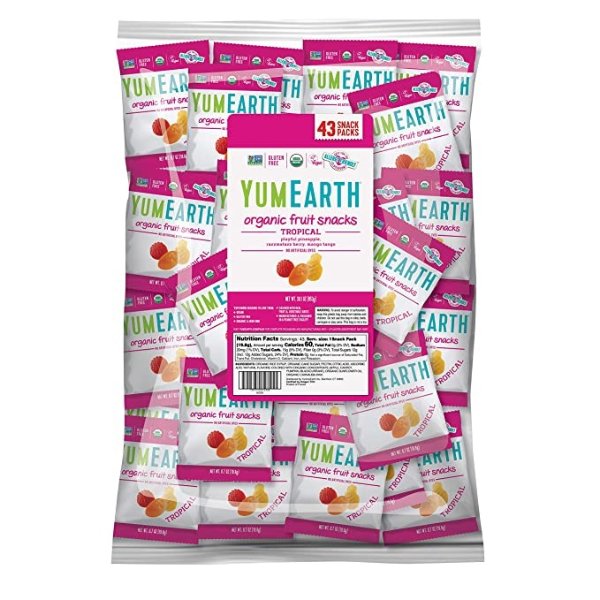 YumEarth Organic Tropical Fruit Snacks, 0.7 Ounce Snack Packs, 43 pack