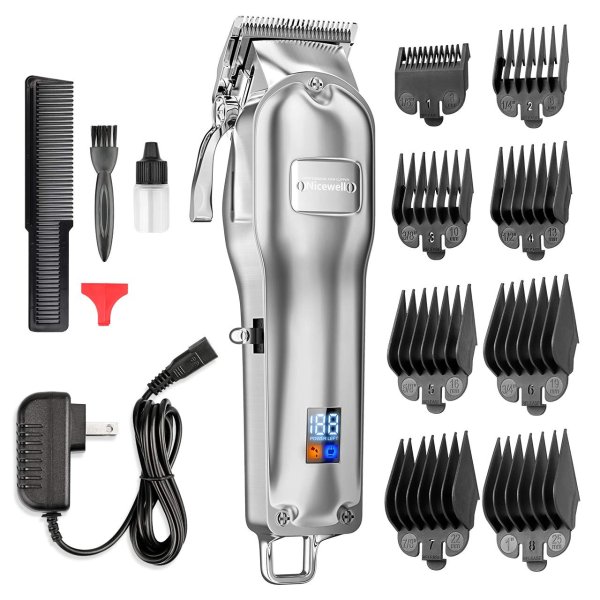 Hair Clippers Men's Cordless Hair Trimmer Rechargeable Haircut Kit for Barber and Home Use, LED Display, with 8-piece Guard Attachments