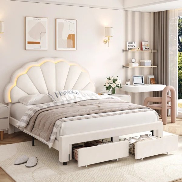 Burlyn Upholstered LED Bed Frame with Drawer & Adjustable Headboard, Kids Beds, Beige