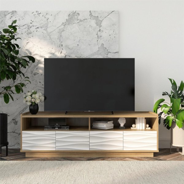 Wynn TV Stand for TVs up to 65", Natural with Faux Wave Door Fronts