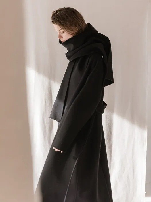 Premium Cashmere Muffler Robe Handmade Long Coat (Black)