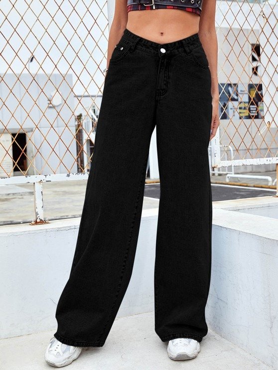 Women's Daily V Shaped Waistline Zipper Fly Solid Color Pockets Wide Leg Puddle Jeans - Black Xs