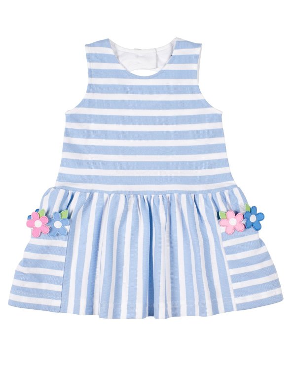 Girl's Stripe Pique Knit Dress w/ Flower Appliques, Size 2-6X