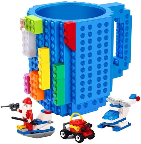 POXIWIN Build-on Brick Mug,with 3 packs of Blocks at random,Creative DIY Building Blocks Cup for Water Juice,Novelty Coffee Mugs Compatible with Lego,Kids Party Cups for Christmas,Blue