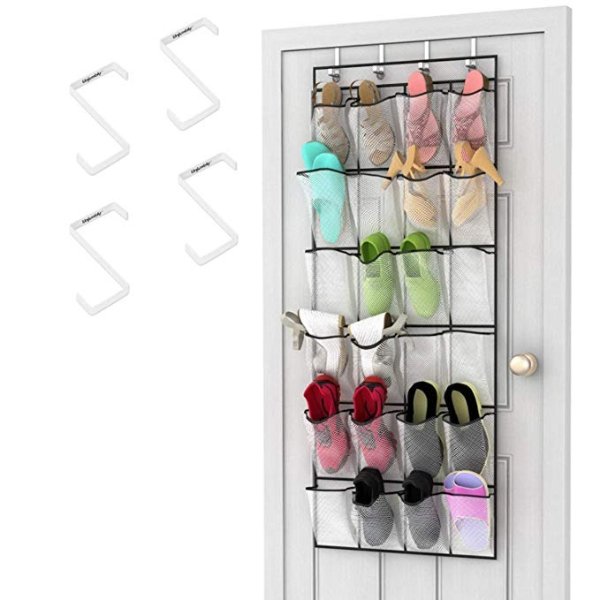 Shoe Organizer Over Door, 24 Pocket Sturdy Over Door Shoe Organizer with Large Clear Mesh Pockets, Complete with 4 Reversible Robust Over The Door Hooks, White