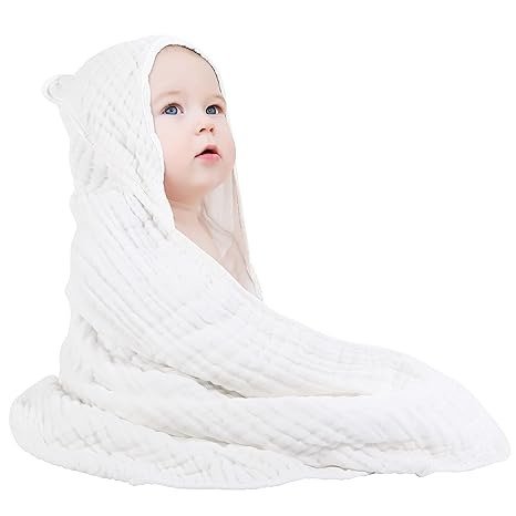 Hooded Baby Towels for Newborn 100% Muslin Cotton Baby Bath Towel with Hood for Babies, Infant, Toddler and Kids, Large 32x32Inch, Soft and Absorbent Newborn Essential
