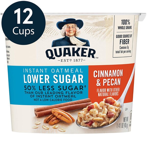 Instant Oatmeal Express Cups 50% Less Sugar, Cinnamon Pecan, 1.41 Ounce (Pack of 12)