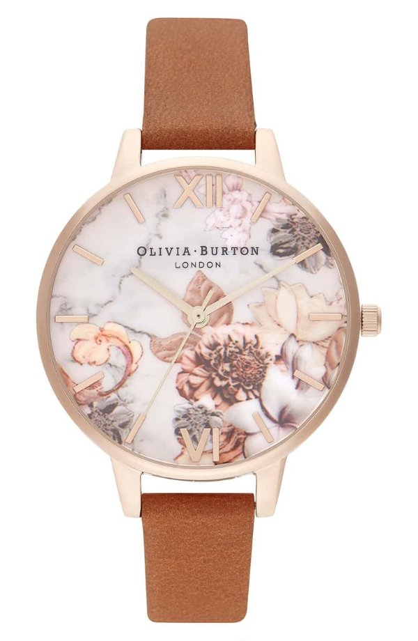 Marble Florals Leather Strap Watch, 34mm