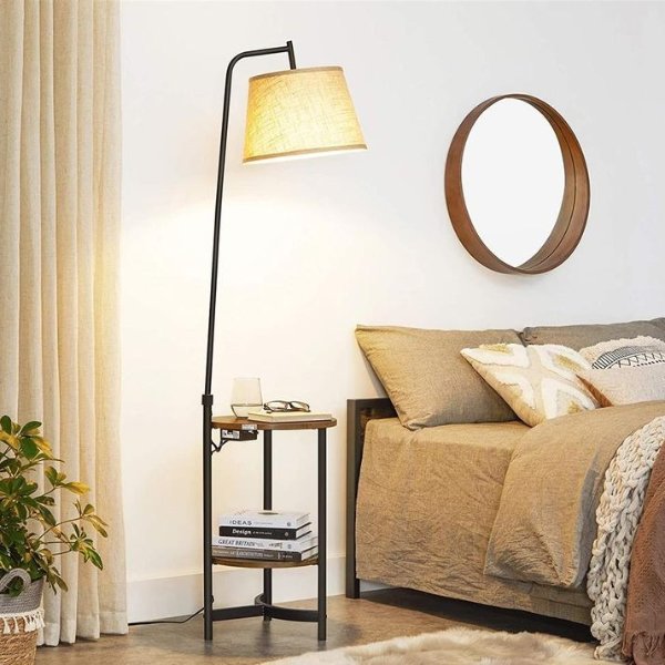 VASAGLE Industrial Brown End Table with Lamp