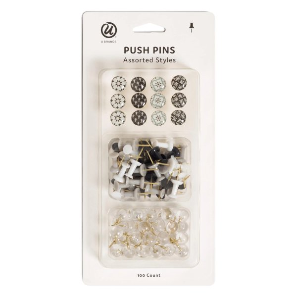 Fashion Push Pins, Assorted, Multi-Color, Multi-Patterns, 100 count
