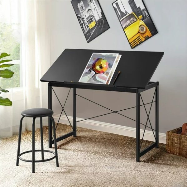 Adjustable Drafting Table For Artists Tilting Tabletop Basic Drawing Desk With Pencil Ledge, Black