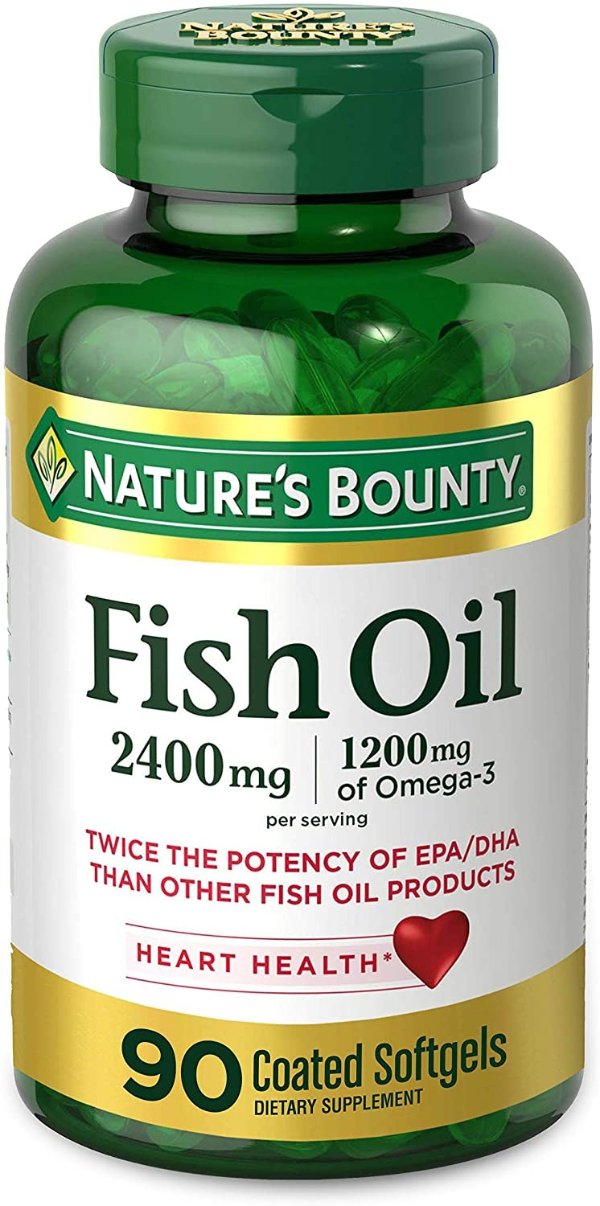 Natures Bounty 自然之宝 鱼油软胶囊，2400 毫克，1200 毫克 Omega-3，90 粒 {"isOriginalText":"true","showTooltip":"false","tooltipContent":"中文翻译，点击查看"} 原文 Fish Oil by Nature's Bounty, Dietary Supplement, Omega 3, Supports Heart Health, 2400 Mg, 90 Coated Softgels 页面含机器翻译，中文仅供参考，以原文为准