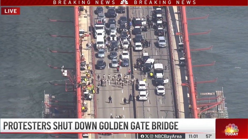 无语，湾区金门大桥被抗议者占领，封闭长达5小时，数十人被捕。。